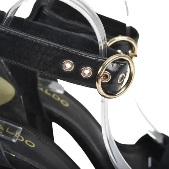 Aldo  Suede Ankle Strap Block Heel Black Strappy Sandal Open Toe Size 7.5 - Picture 2 of 11